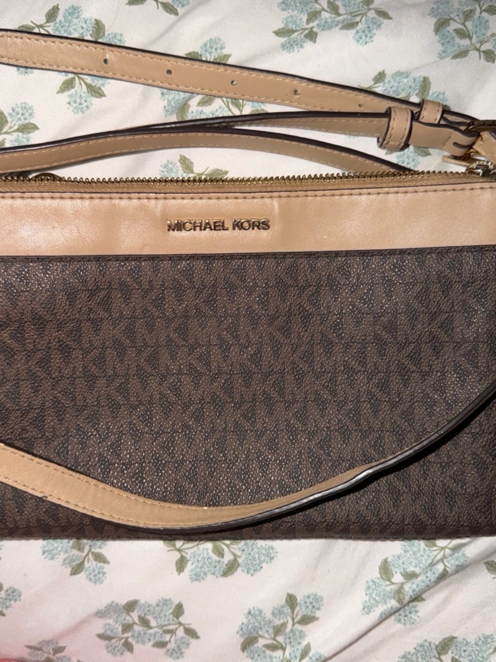 Michael Kors Brown MK Logo Crossbody with Beige Trim